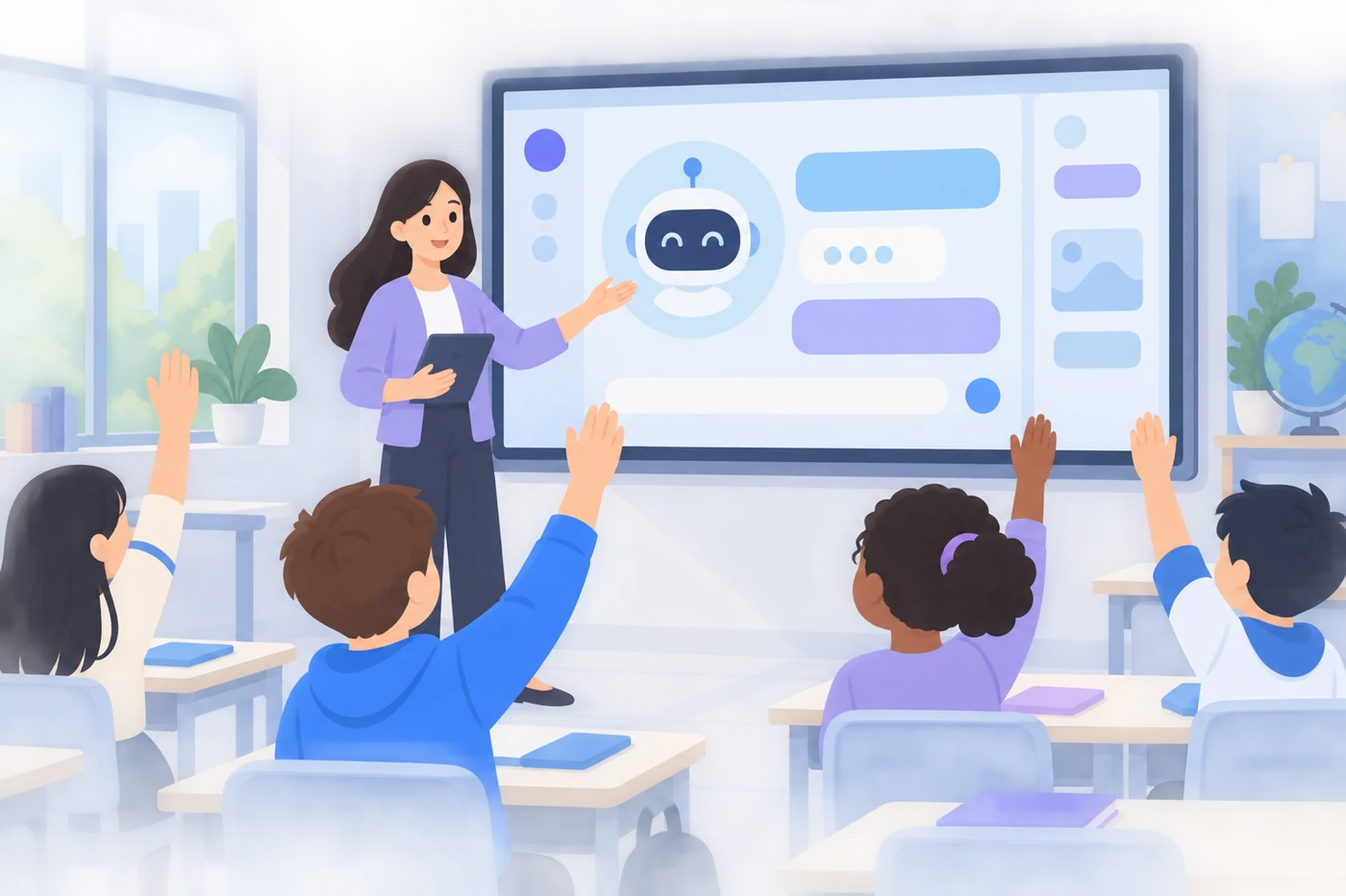 企业培训现场,讲师带学员用 AI 解决真实业务问题的插画